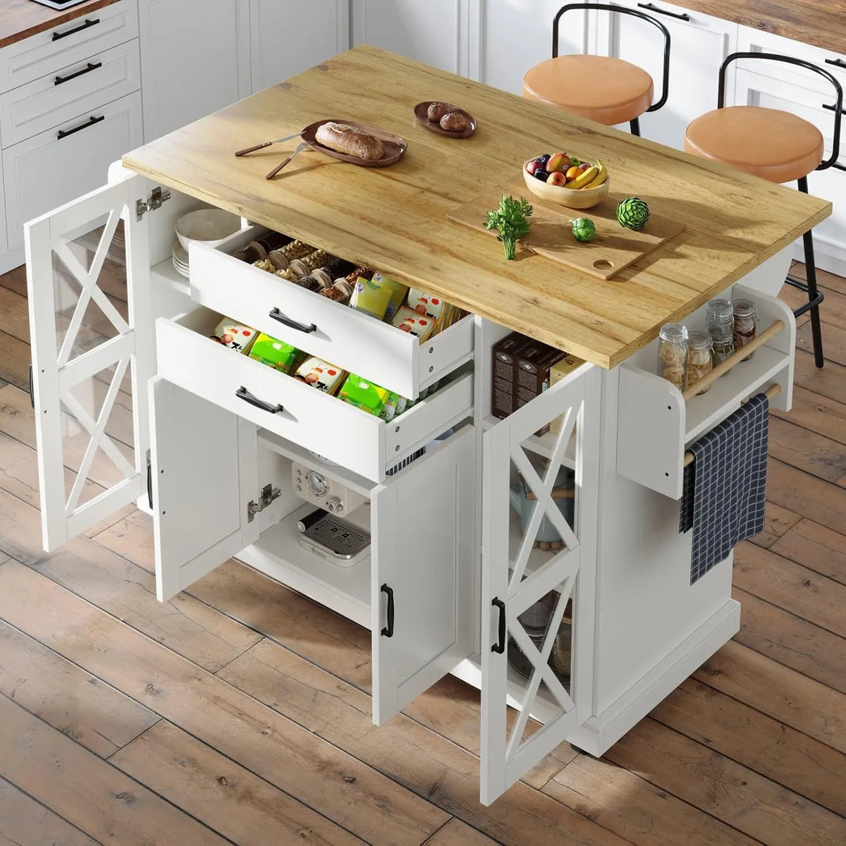 Îlot de Cuisine Multifonctionnel avec Plateau Pliable et Rangement, Blanc