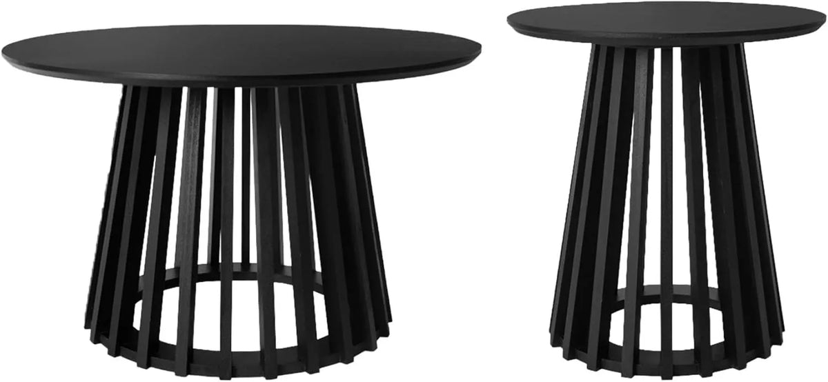 Ensemble de 2 tables basses rondes avec plateau en bois noir et pieds en sapin - Ø40cm et Ø60cm