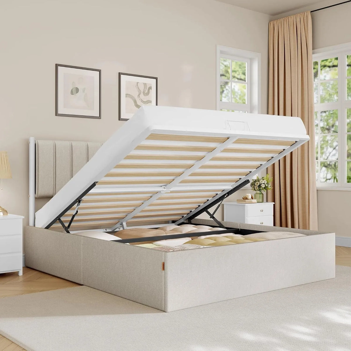 Lit Coffre 160x200 cm avec Sommier Relevable et Rangement Hydraulique, Design Moderne, Beige Cappuccino