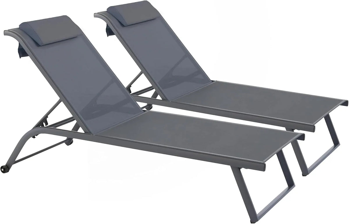 Chaise Longue Réglable avec Roues - Lot de 2 - Couleur Gris