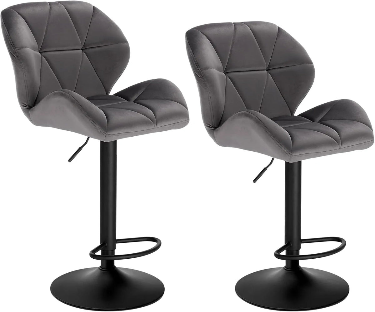Tabourets de Bar Réglables en Velours Gris avec Dossier et Base Métallique, Lot de 2