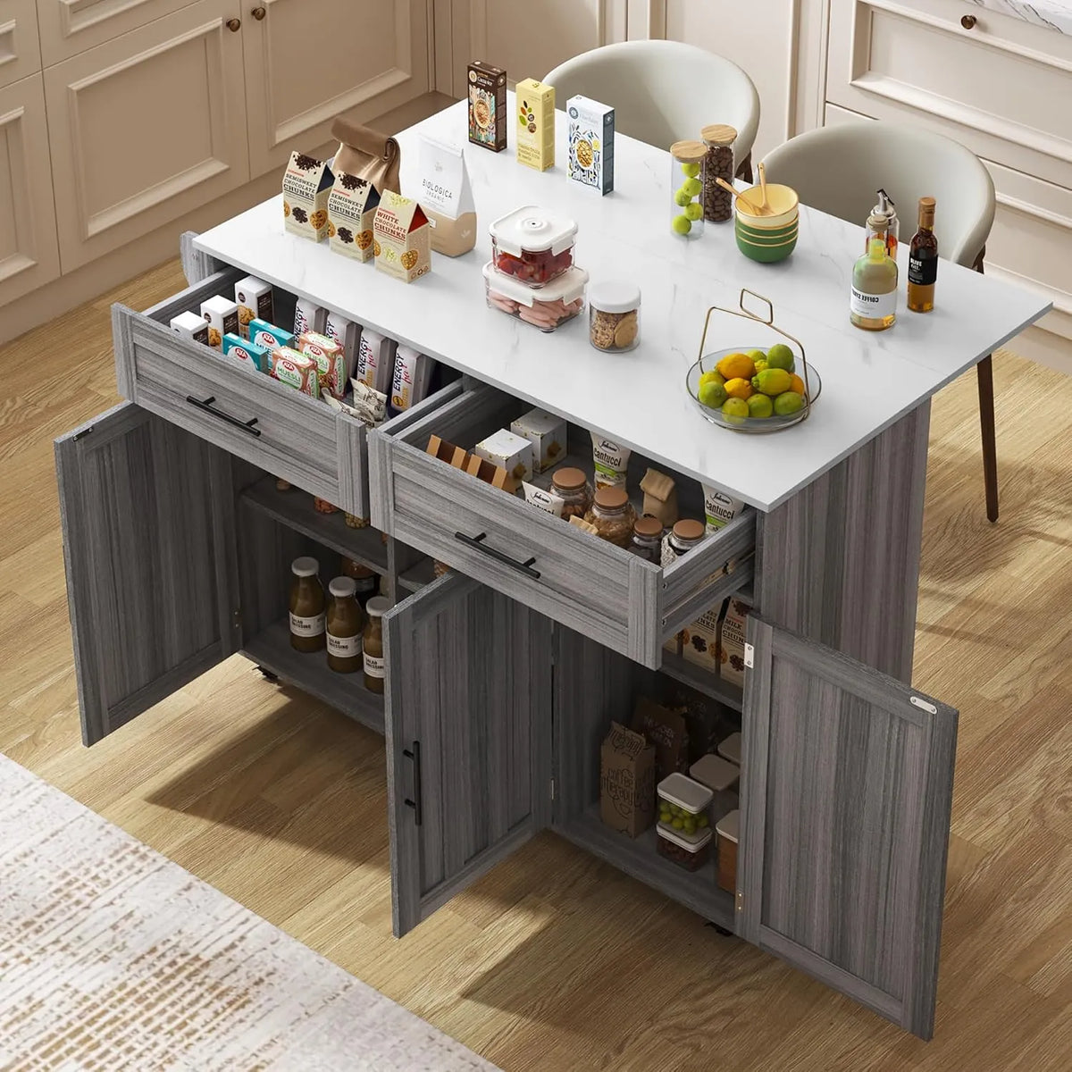 Chariot de Cuisine sur Roulettes avec Plan Rabatable, Rangement et Porte-torchons, 2 Tiroirs, 3 Placards, 129x71x91,5 cm, Gris