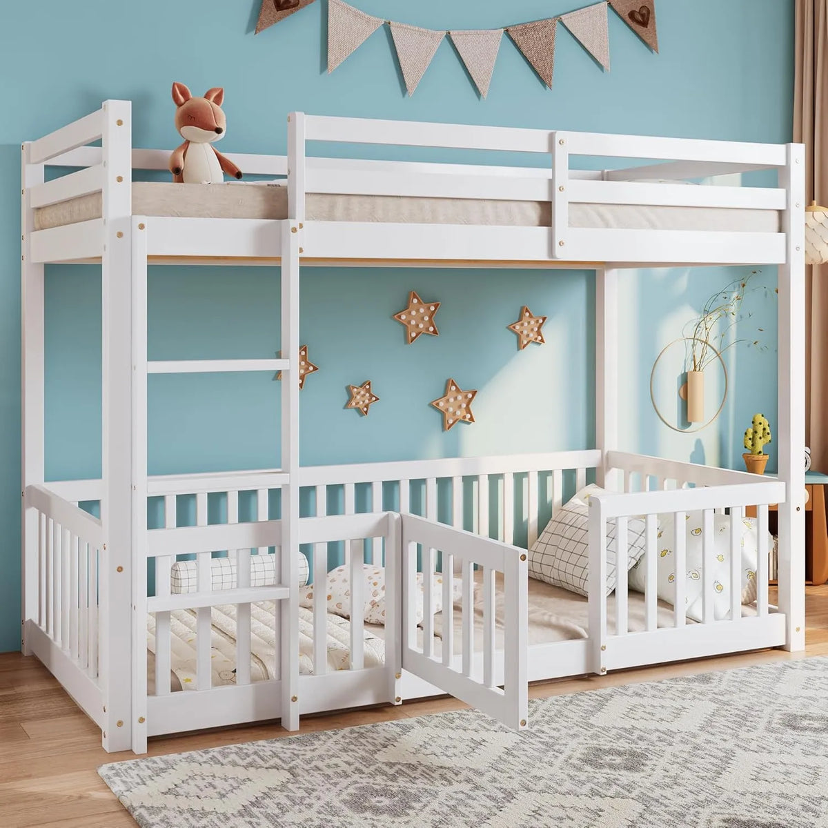Lit Superposé en Bois Massif pour Enfants avec Escalier et Barrière de Sécurité, Blanc