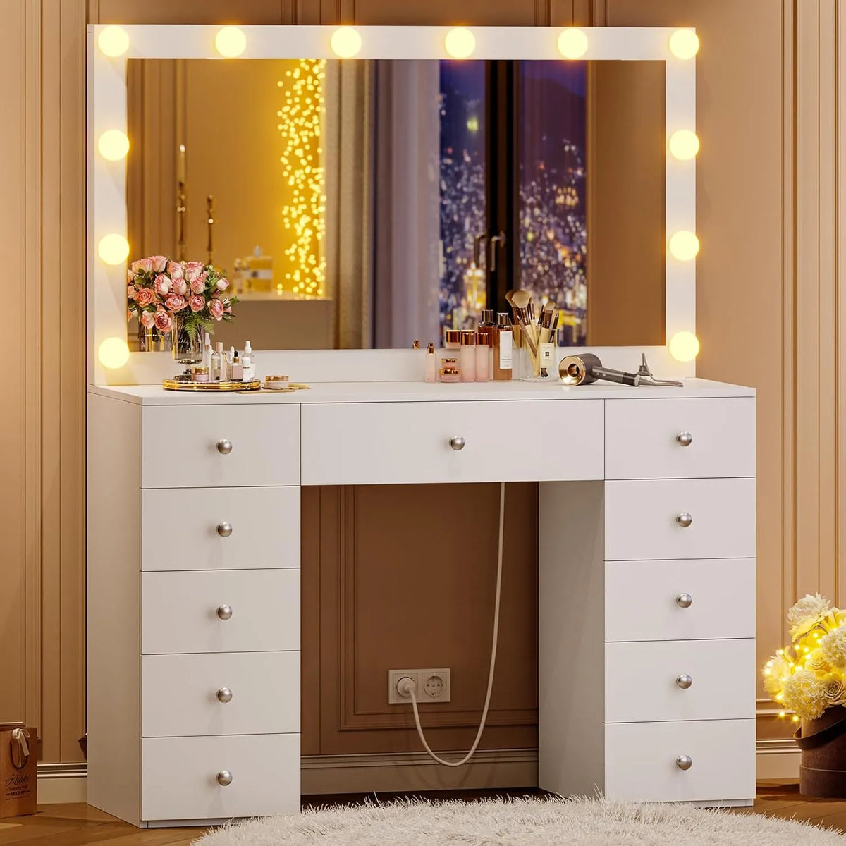 Table de Maquillage Moderne avec Miroir Lumineux et 11 Tiroirs, 40x105x140cm, Blanche