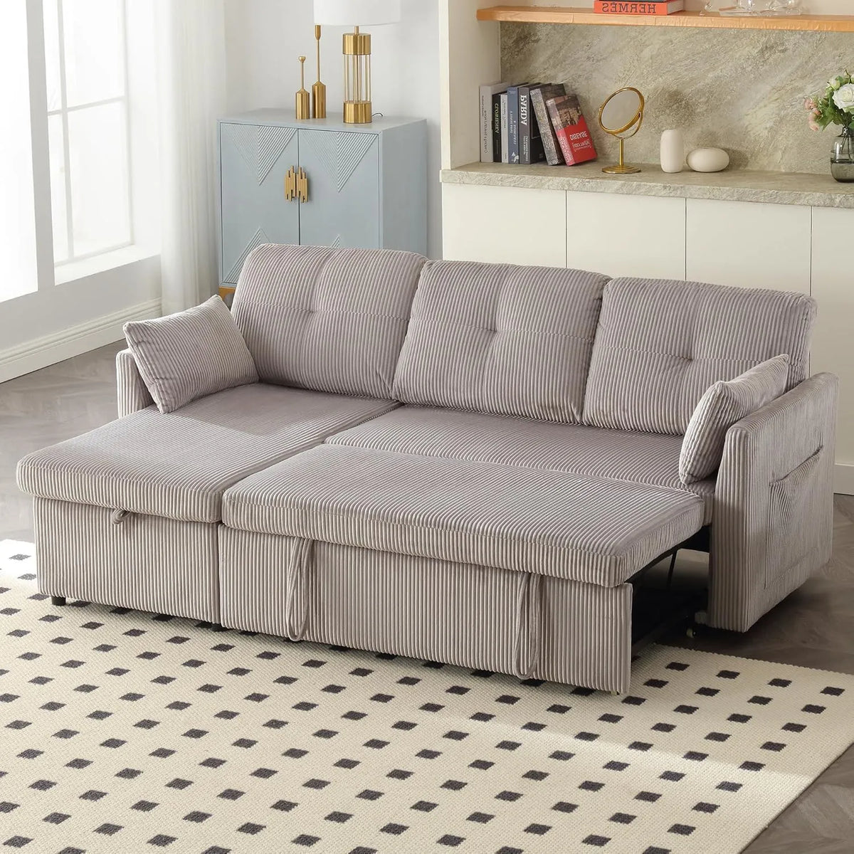 Canapé d'Angle Convertible 3 Places en Velours Gris Clair avec Rangement et Poches