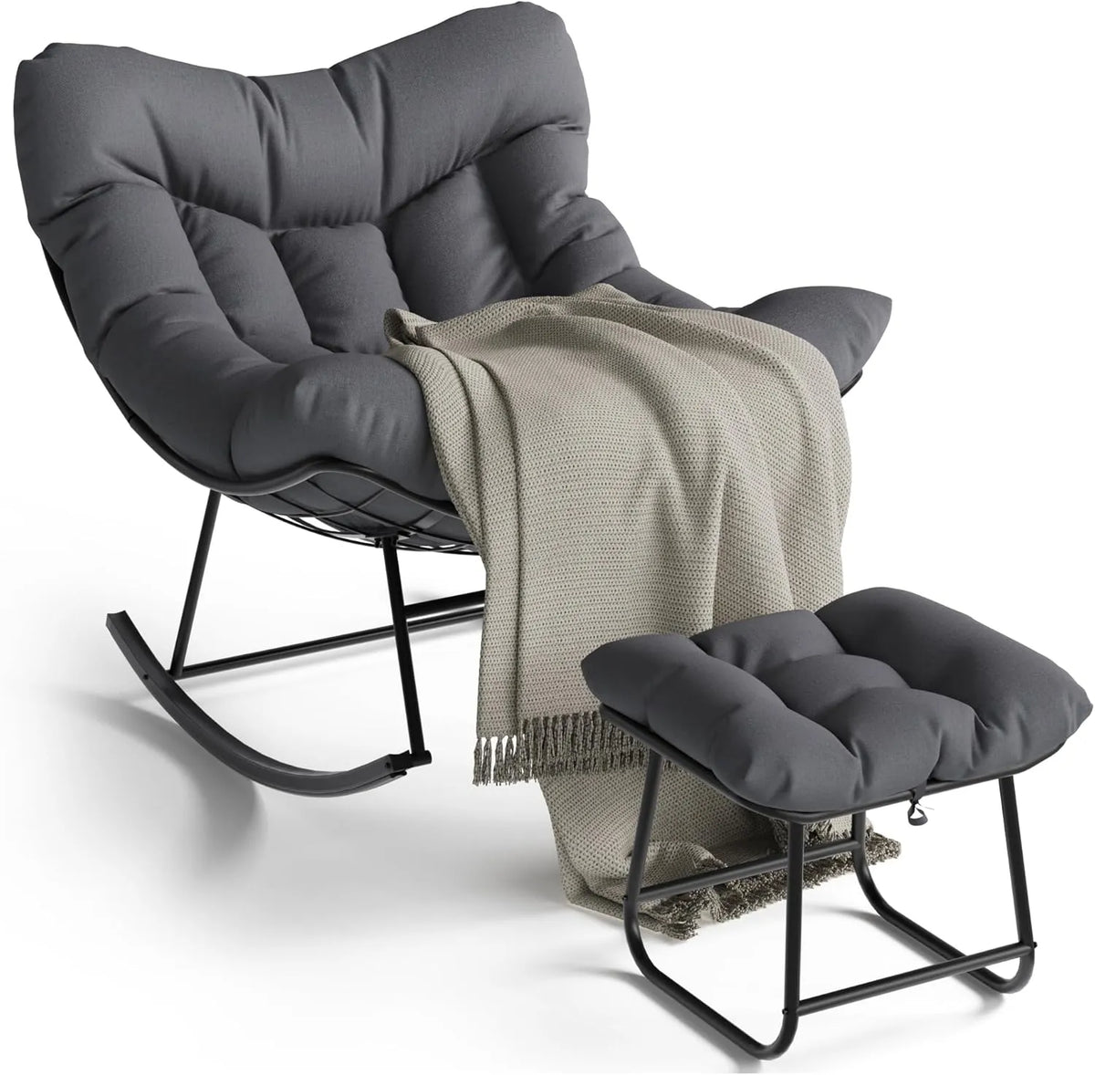 Grand fauteuil à bascule PortoAlegre avec repose-pieds, coussin épais et cadre en métal pour jardin et terrasse