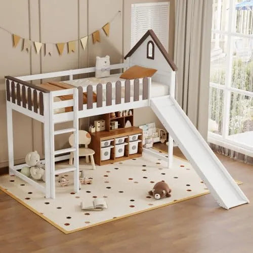 Lit surélevé enfant avec toboggan et échelle, 90x200 cm, espace de jeu avec fenêtres et toit, sécurité renforcée, blanc et bois naturel