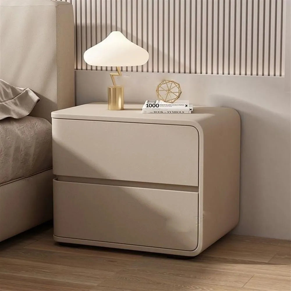 Table de Nuit 2 Tiroirs Crème en Bois - Design Épuré pour Chambres Modernes, 45 cm, Finition Kaki