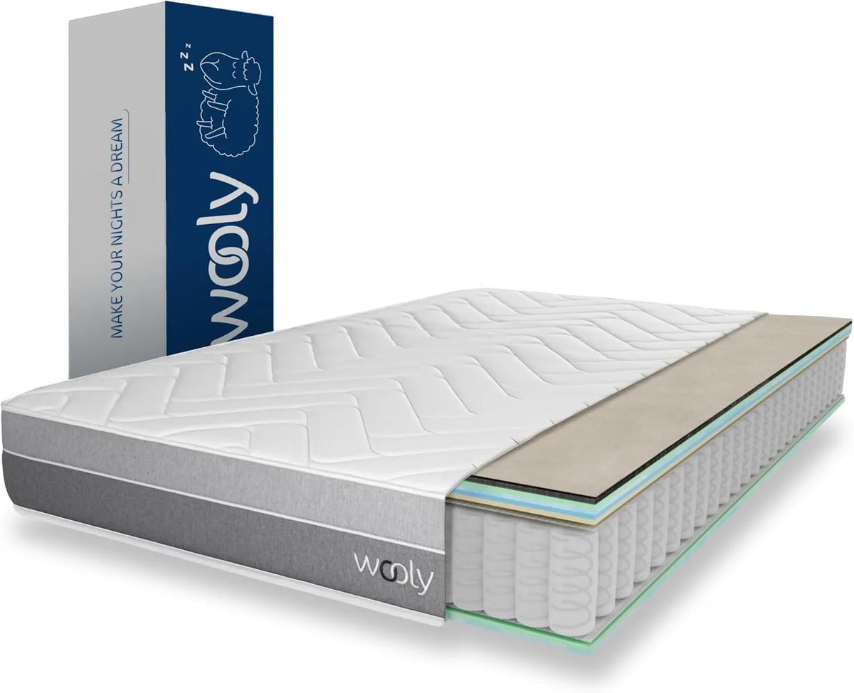 Matelas Hybride Wooly Original II 160x200 cm - 24 cm d'Épaisseur - Confort 13 Couches avec Ressorts Ensachés et Mousse Mémoire - Fibre de Laine Naturelle - Réversible - Fabrication Européenne
