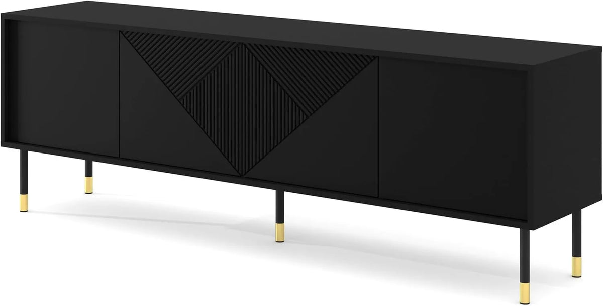Meuble TV Moderne Noir en MDF 180 cm avec 4 Portes et Pieds Métal