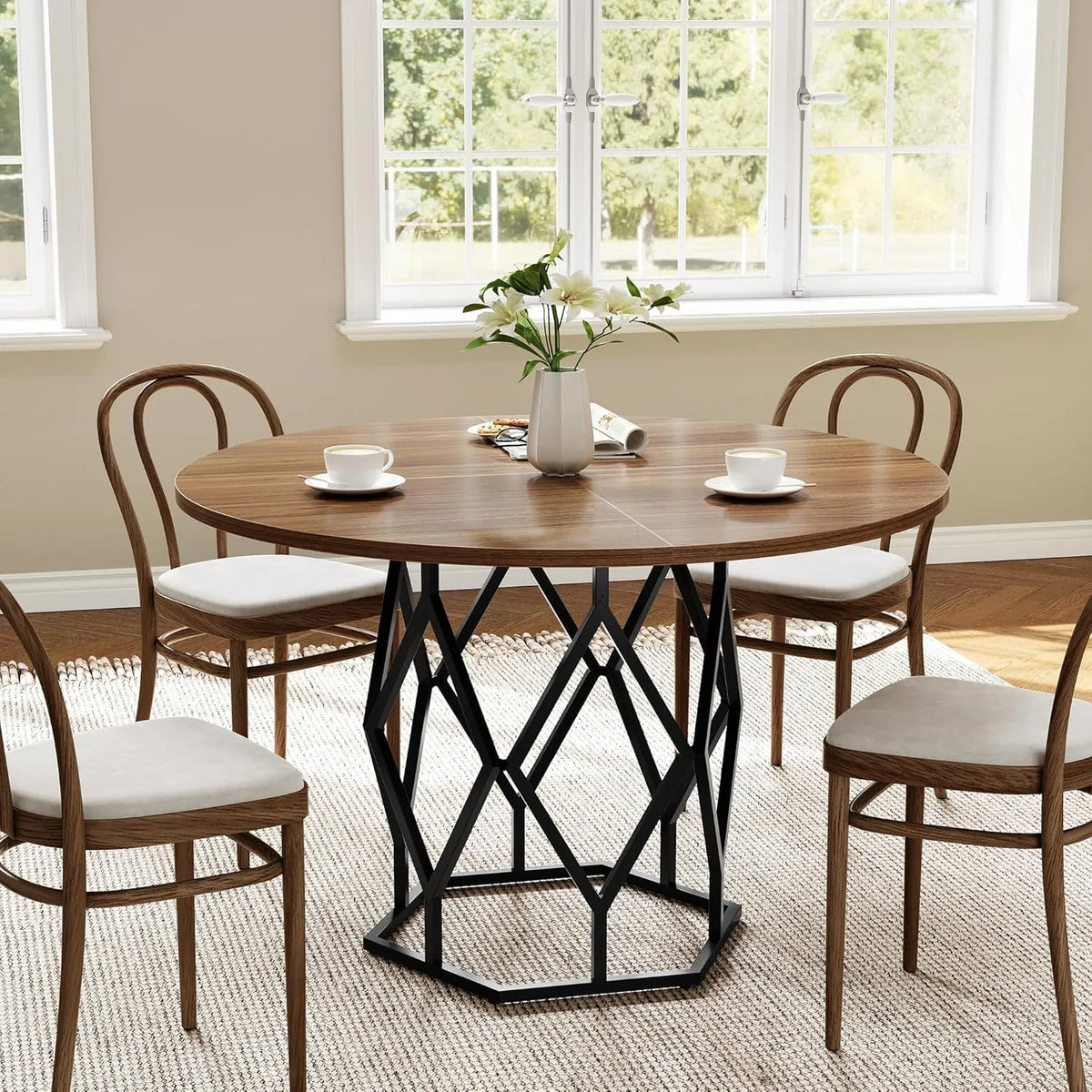 Table Ronde de Cuisine en Bois 120 cm avec Pied Central Métal, 4 à 6 Personnes, Idéale pour Petits Espaces