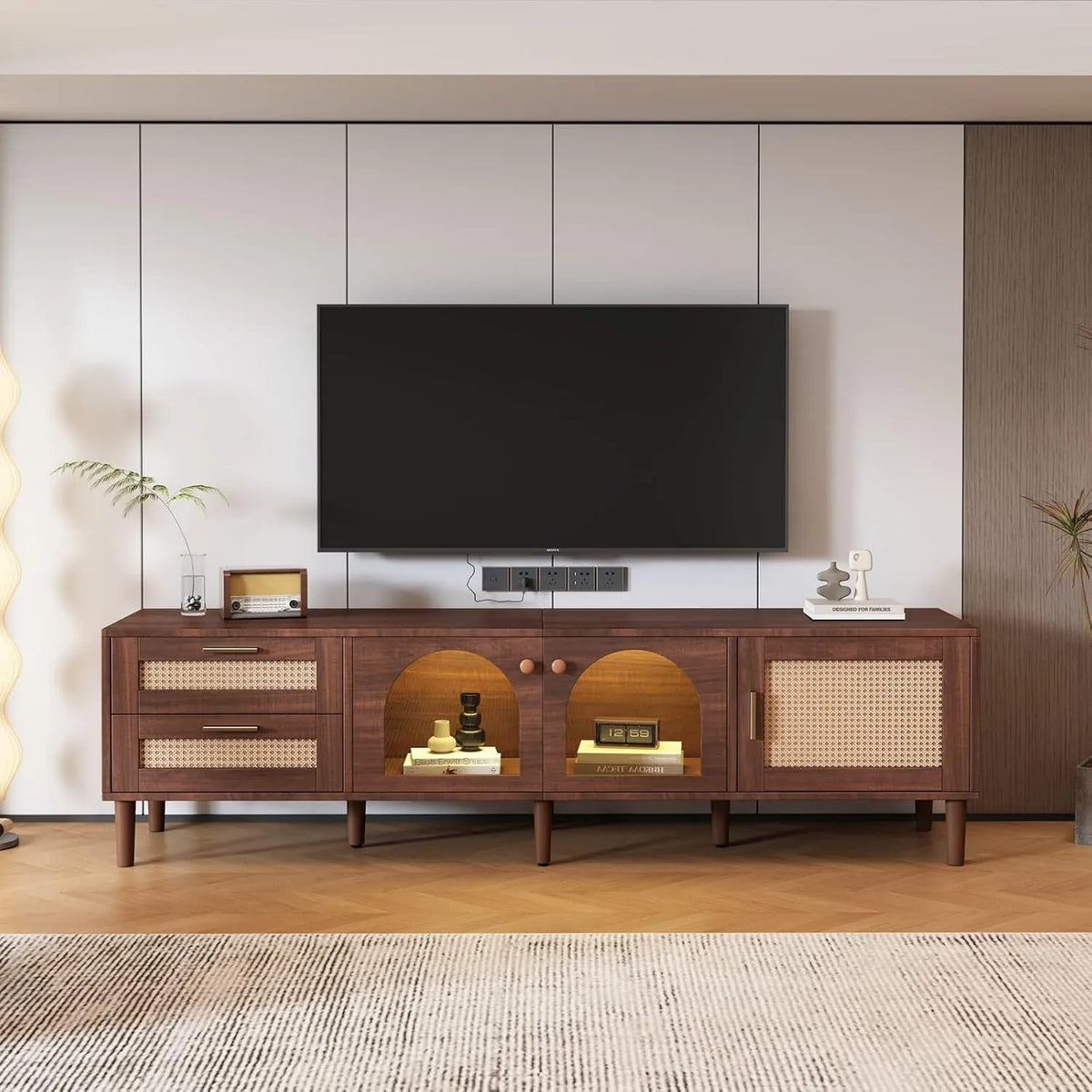 Buffet TV 180 cm avec tiroirs en rotin et portes en verre, éclairage LED intégré, compatible jusqu'à 80 pouces