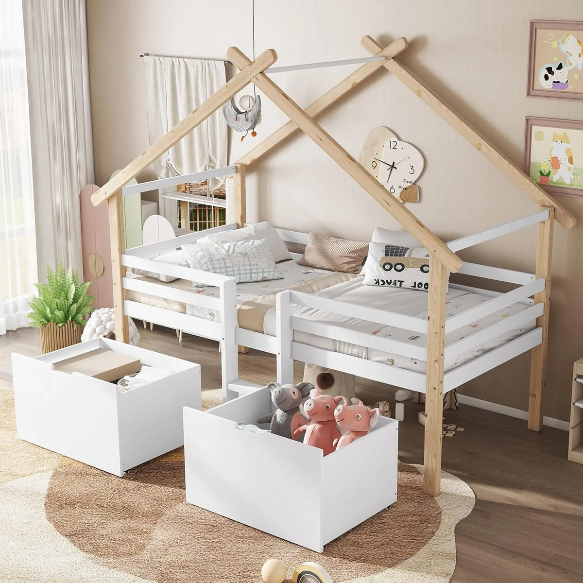 Lit Enfant en Bois 90x200 cm avec Tiroirs et Échelle, Design Maison avec Barrière Antichute
