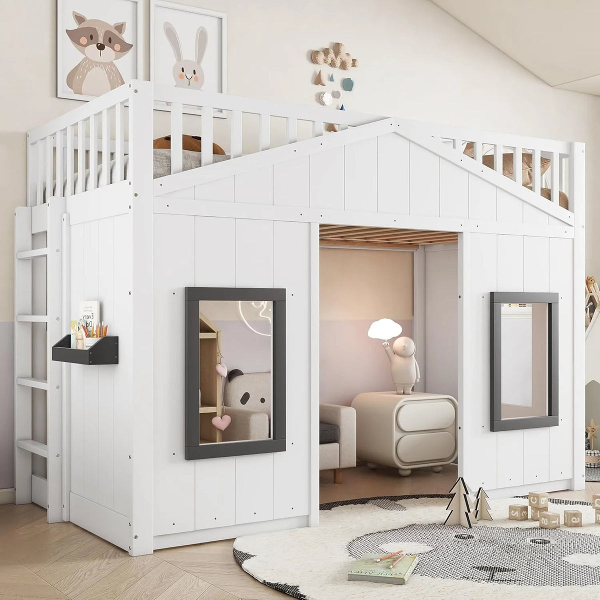 Lit Cabane Enfant 90x200 avec Escalier et Rangement, Structure Pin, Blanc