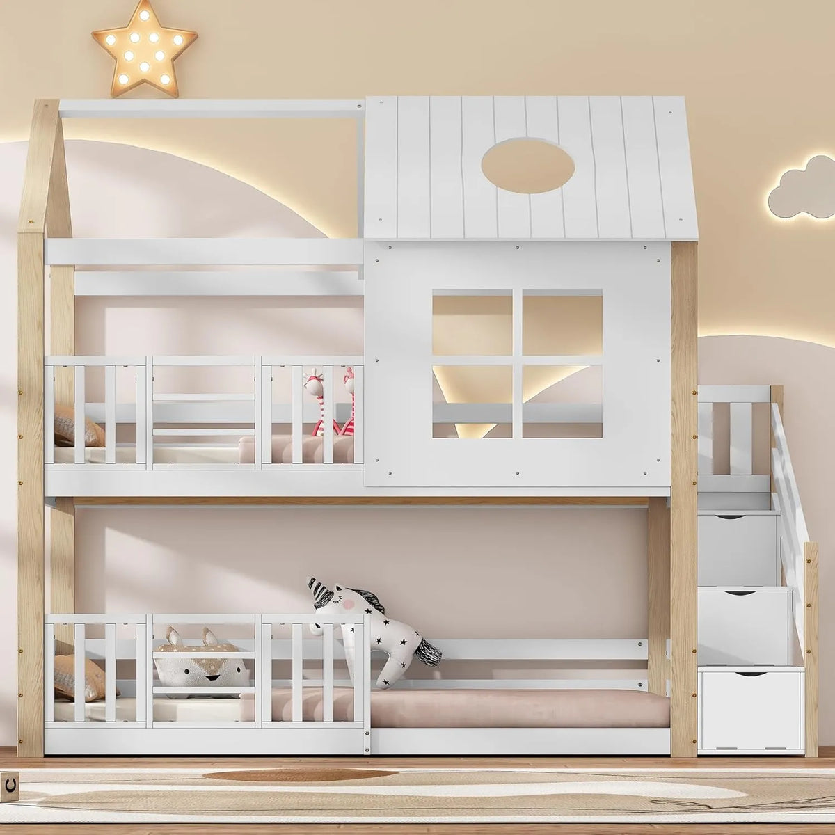 Lit Mezzanine Enfant 90x200 avec Escalier de Rangement et Toit en Pin Blanc