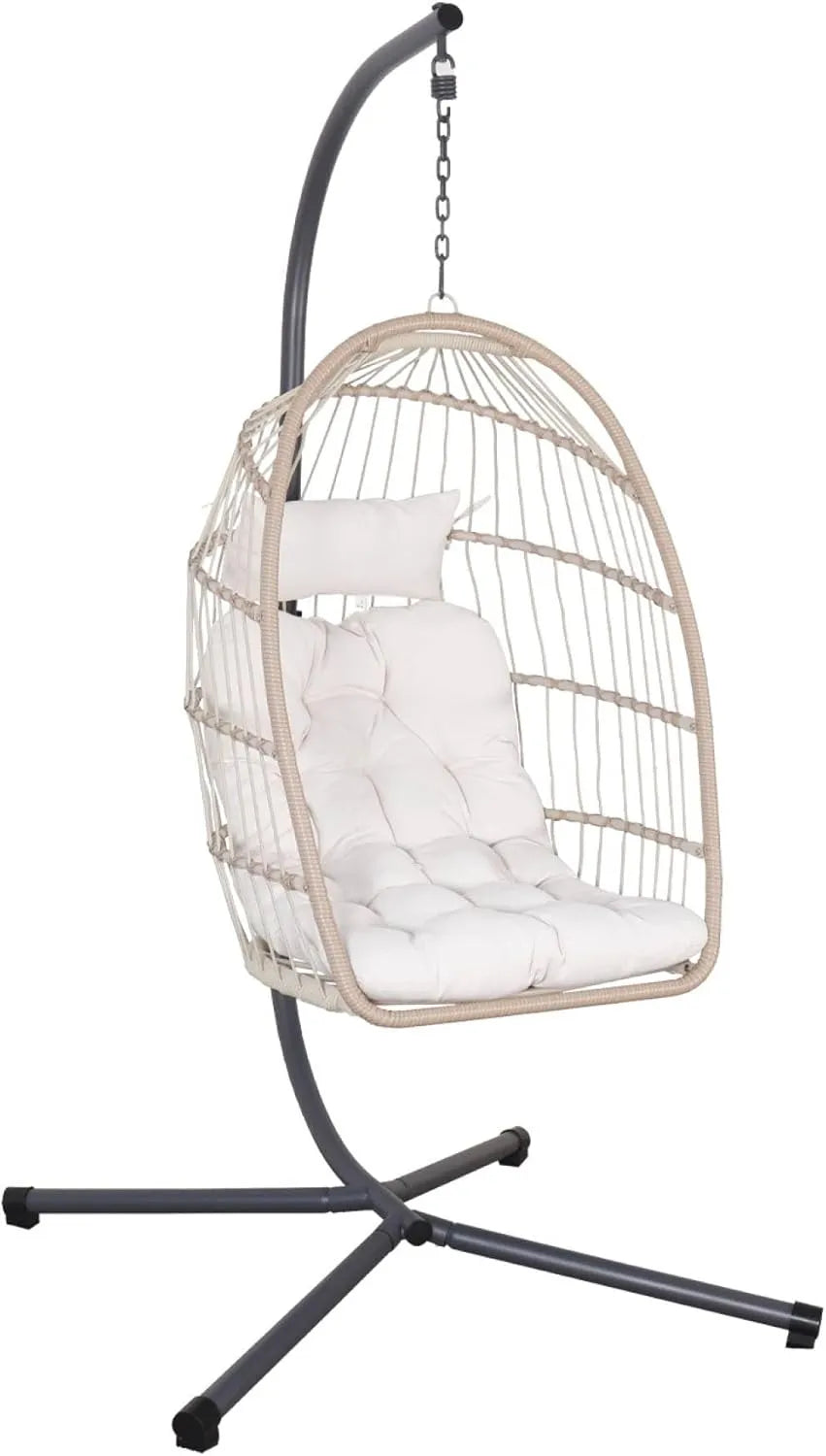 sweeek - Chaise Œuf Suspendue en Beige Toscana avec Cadre en Acier, Osier et Polyester, 105 x 105 x 196 cm