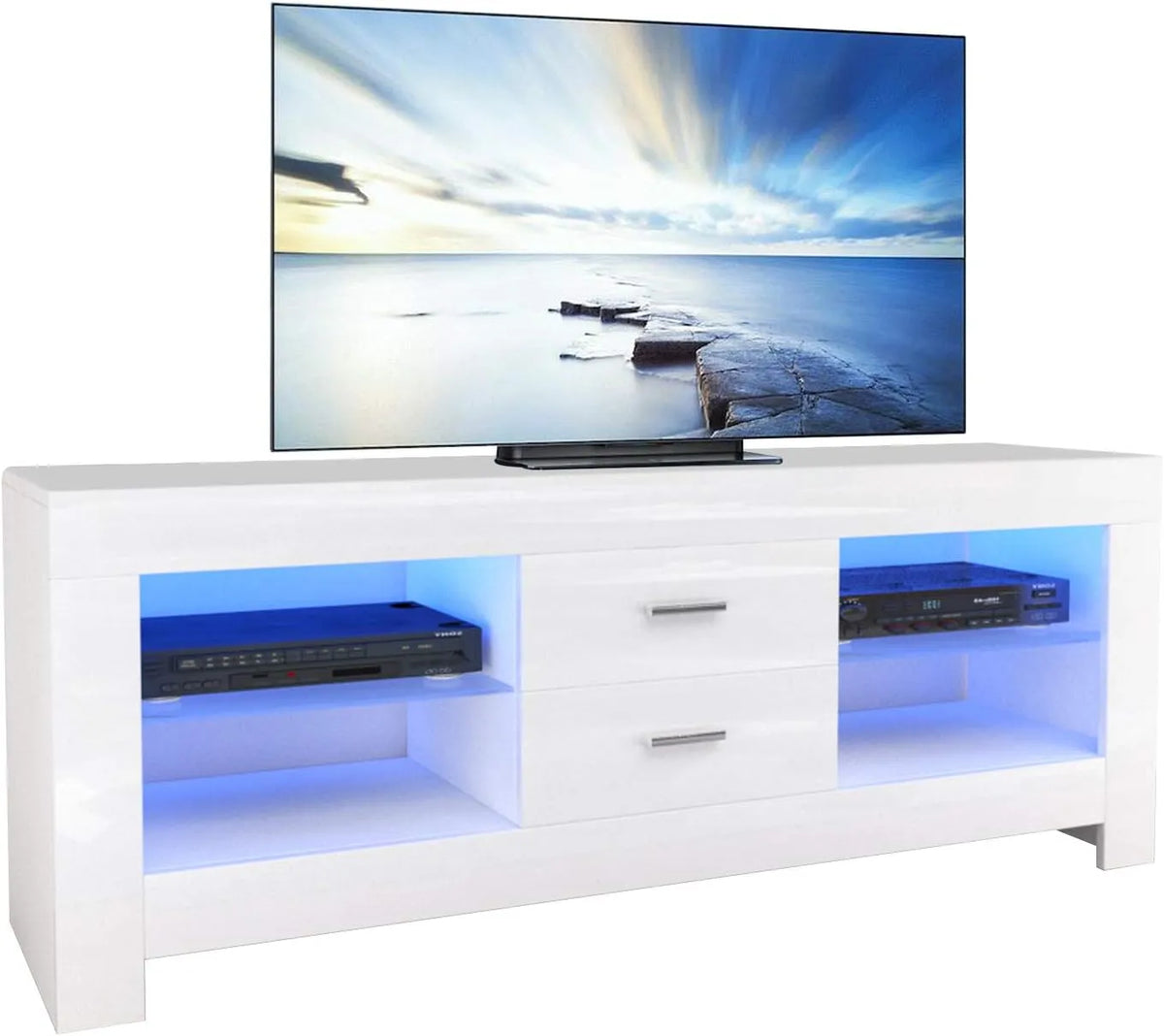 Dripex Meuble TV Bas Moderne Blanc avec LED et Rangements, 130 x 50 x 35 cm