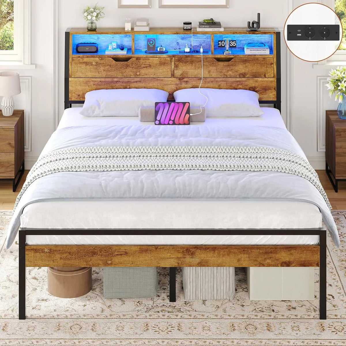 Lit Double 140x200 avec Sommier en Métal et Éclairage LED, Multiprise USB et Prises AC, Rangement Intégré, Montage Facile, Finition Marron Vintage
