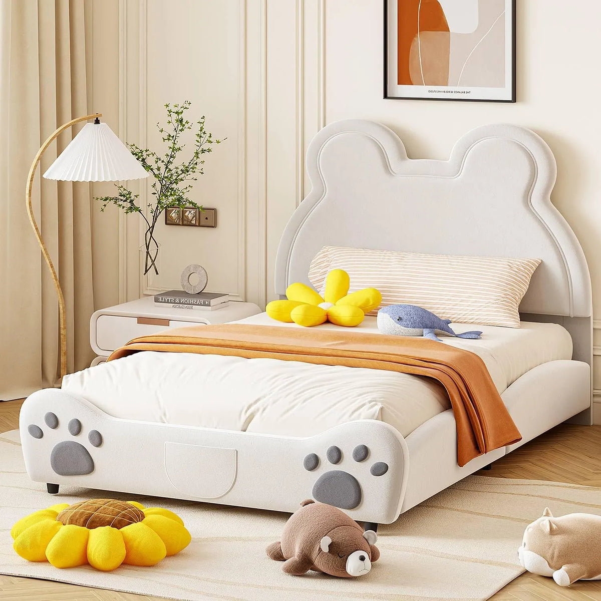 Lit Enfant 140x200 cm Design Ours, Cadre Velours Blanc, Sans Matelas