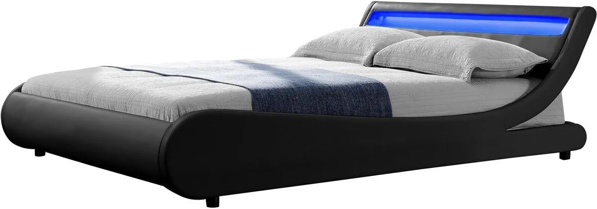 Lit Double Design en Simili Cuir Noir avec LED, 140x190 cm, Sommier Inclus