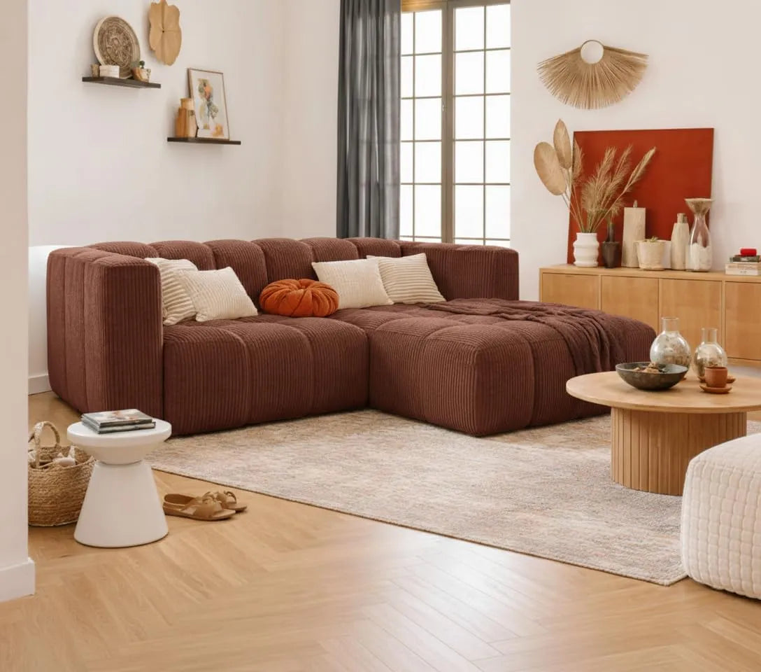 Canapé d'Angle en Velours Côtelé 4 Places RINIA - Angle Droit - 228 cm - Terracotta