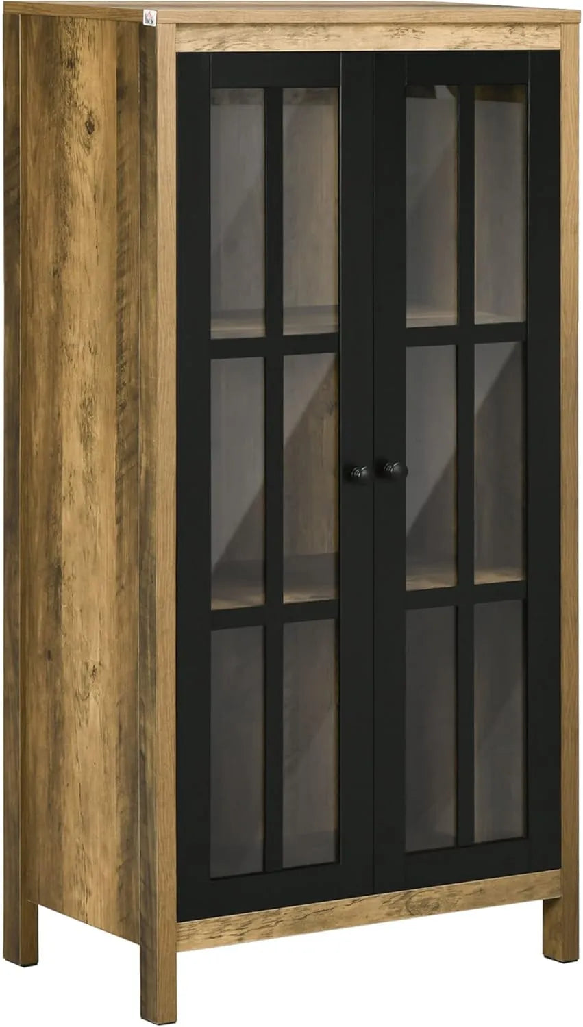 Buffet contemporain avec portes vitrées en bois, Armoire de salon, 60x35x120 cm, Marron