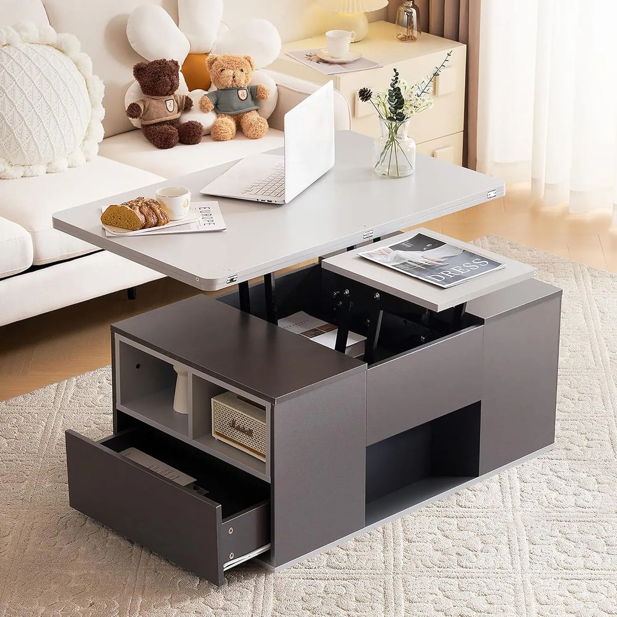 Table Basse Relevable avec Plateau Double, Grande Capacité de Rangement, Multifonctionnelle, Gris