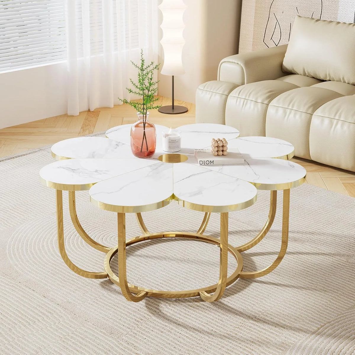 Table Basse Fleurie Blanc et Or 100 cm avec Plateau en Marbre Artificiel