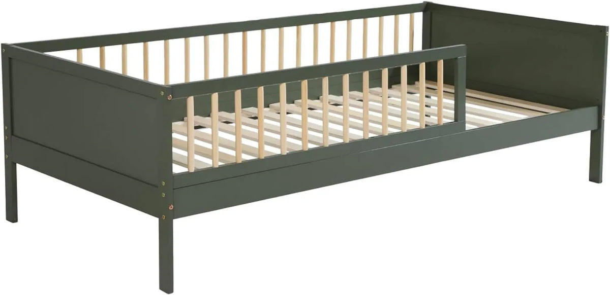 Lit Enfant Elio 90x190 cm en Pin Naturel avec Sommier à Lattes Vert