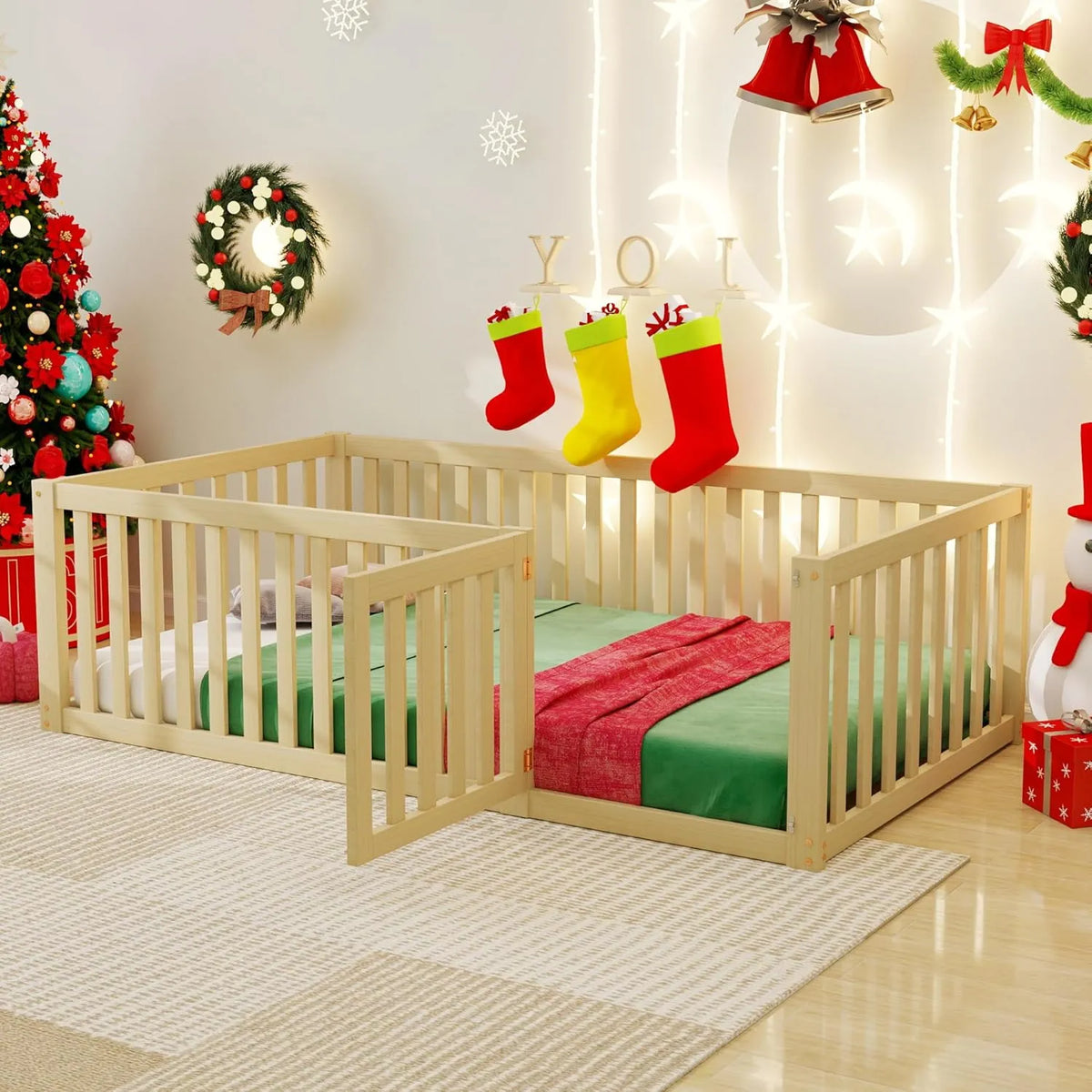 Lit Enfant Merax 90x200 cm avec Portes, Bois Naturel, Sans Sommier ni Matelas