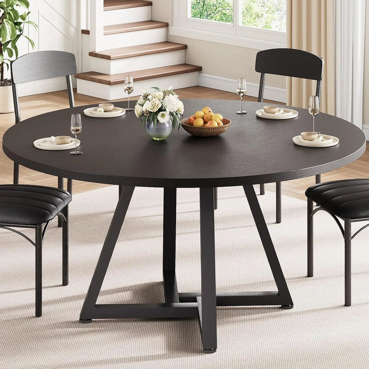 Table Ronde Industrielle pour Salle à Manger, 4-6 Personnes, Structure Métallique, Noir, 120x120x76cm