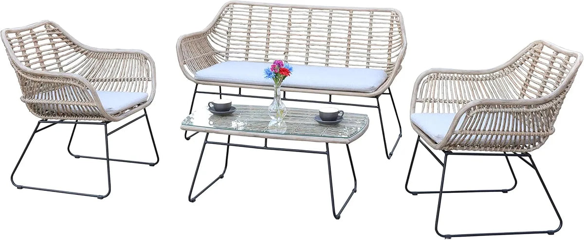 Ensemble de Jardin Luxueux en Résine Tressée Lena - Canapé 2 Places, Deux Fauteuils et Table