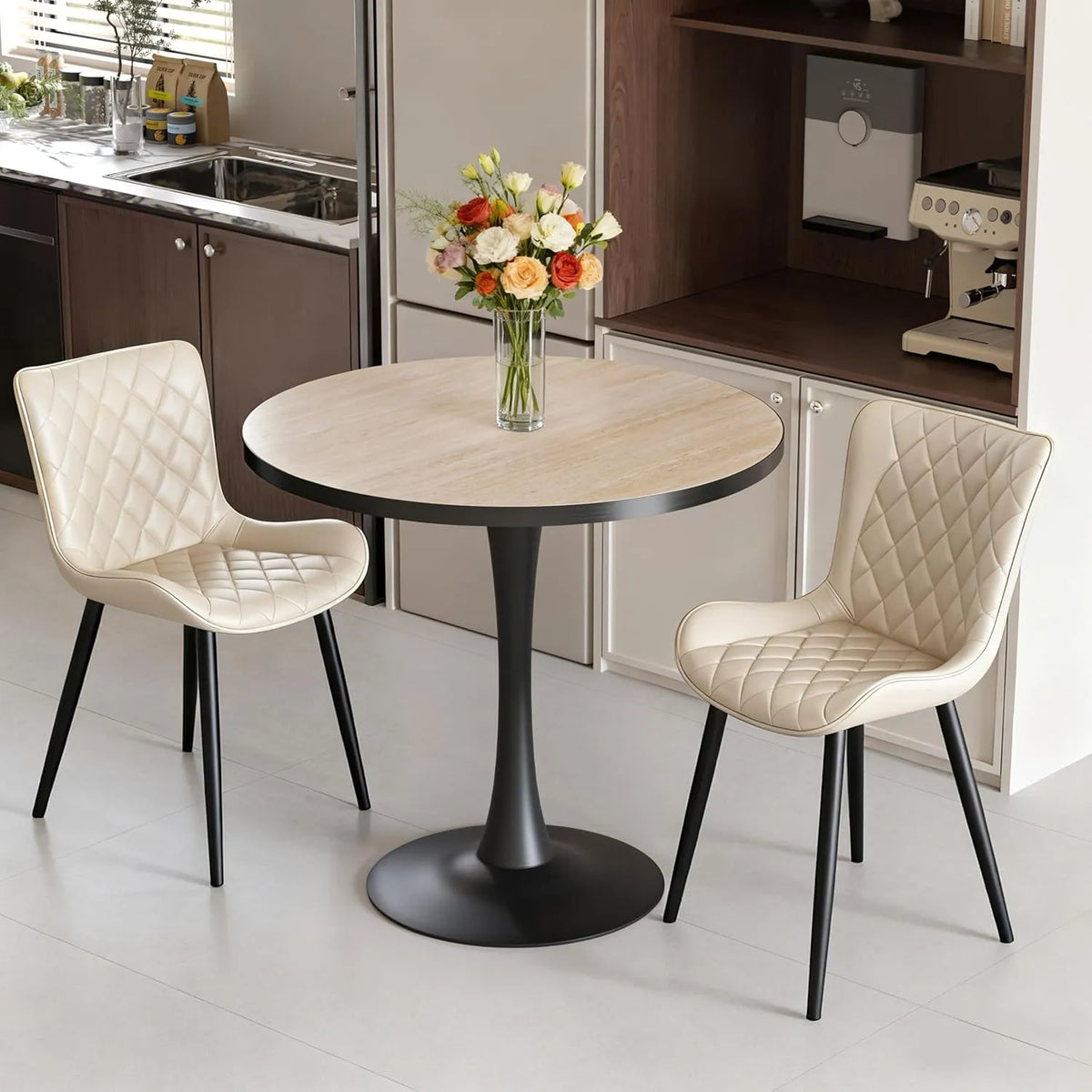 FATIVO Table de Salle à Manger Rond en Travertin Étanche avec Pieds Noirs, 76 x 76 x 80 cm