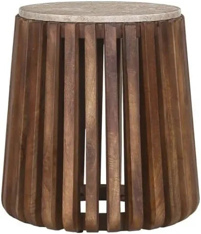 Table Basse Ronde en Bois de Manguier et Travertin, 40 cm - Design Compact et Naturel