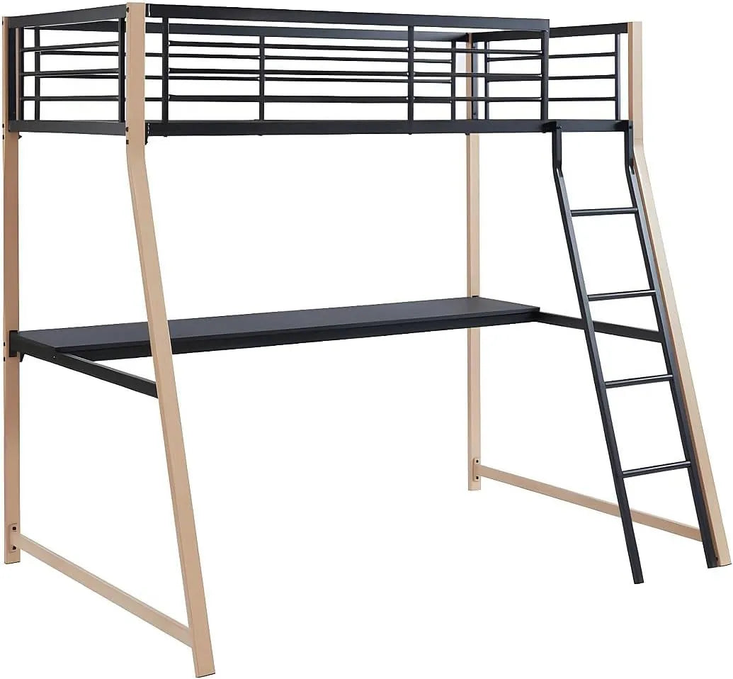Lit mezzanine avec bureau intégré MALICIA - 90 x 190 cm - Structure noire et finition chêne
