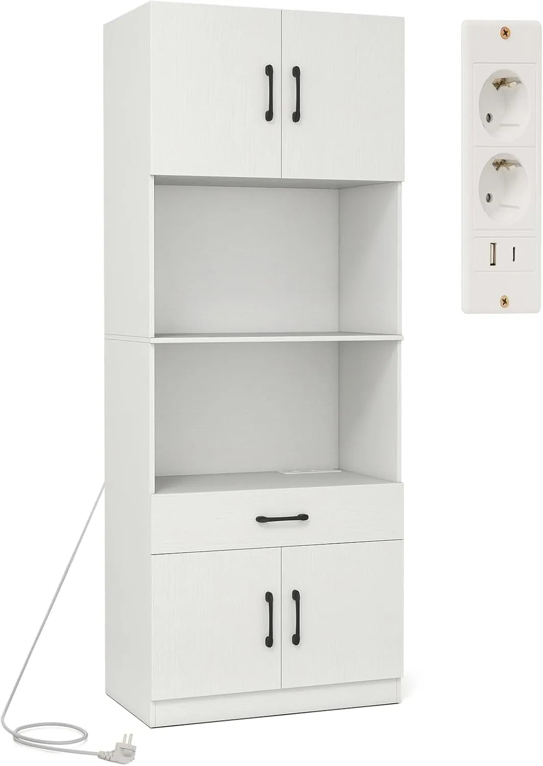Buffet de Cuisine Multi-fonctionnel avec Chargeur Intégré et Rangement Modulable, 65 x 38 x 168 cm, Blanc