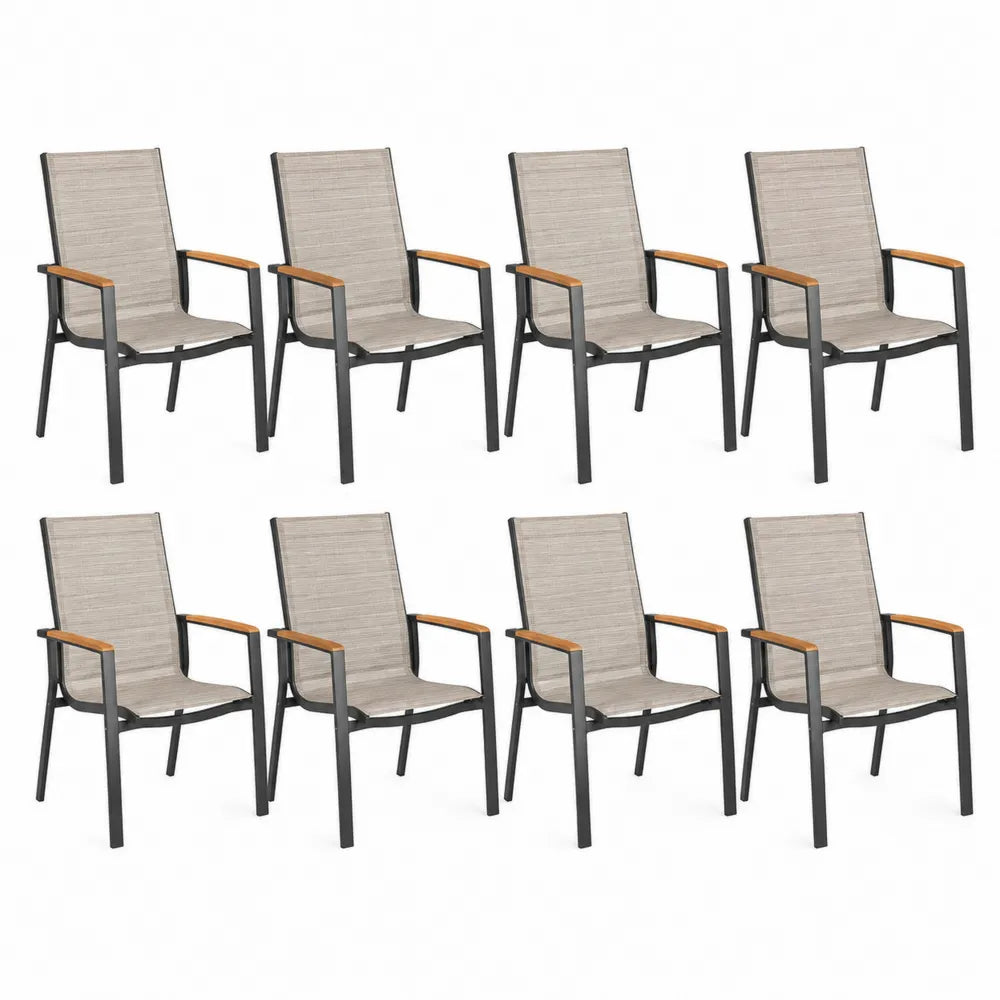Lot de 8 fauteuils de jardin empilables textilène beige structure acier noir accoudoirs bois naturel 55 cm 60 cm 90 cm