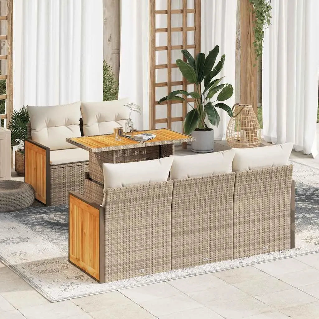 Set de Salon de Jardin 6 Pièces en Rotin Synthétique Beige avec Acacia, Design Modulaire, Rangement Inclus