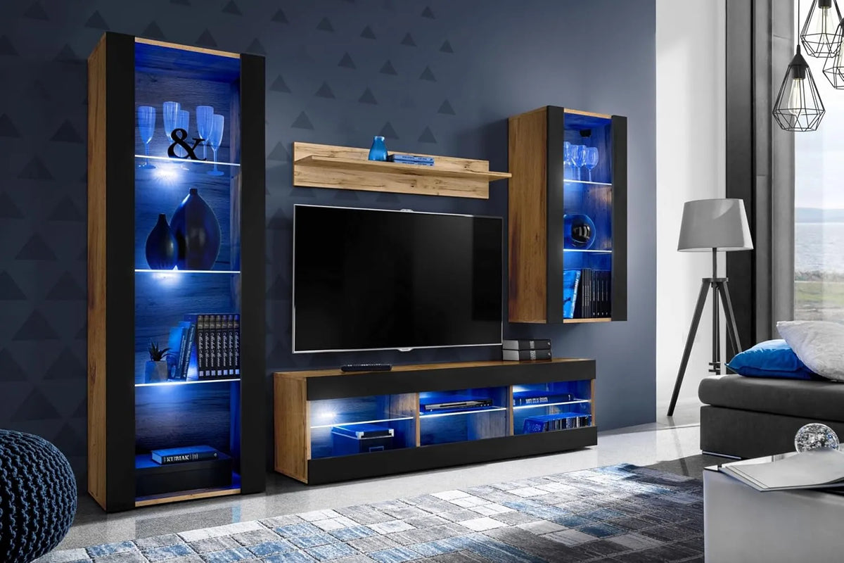 Ensemble de Meubles Tivoli Medio Noir Wotan avec Éclairage LED Bleu, 250x159x35cm pour Salon et Chambre