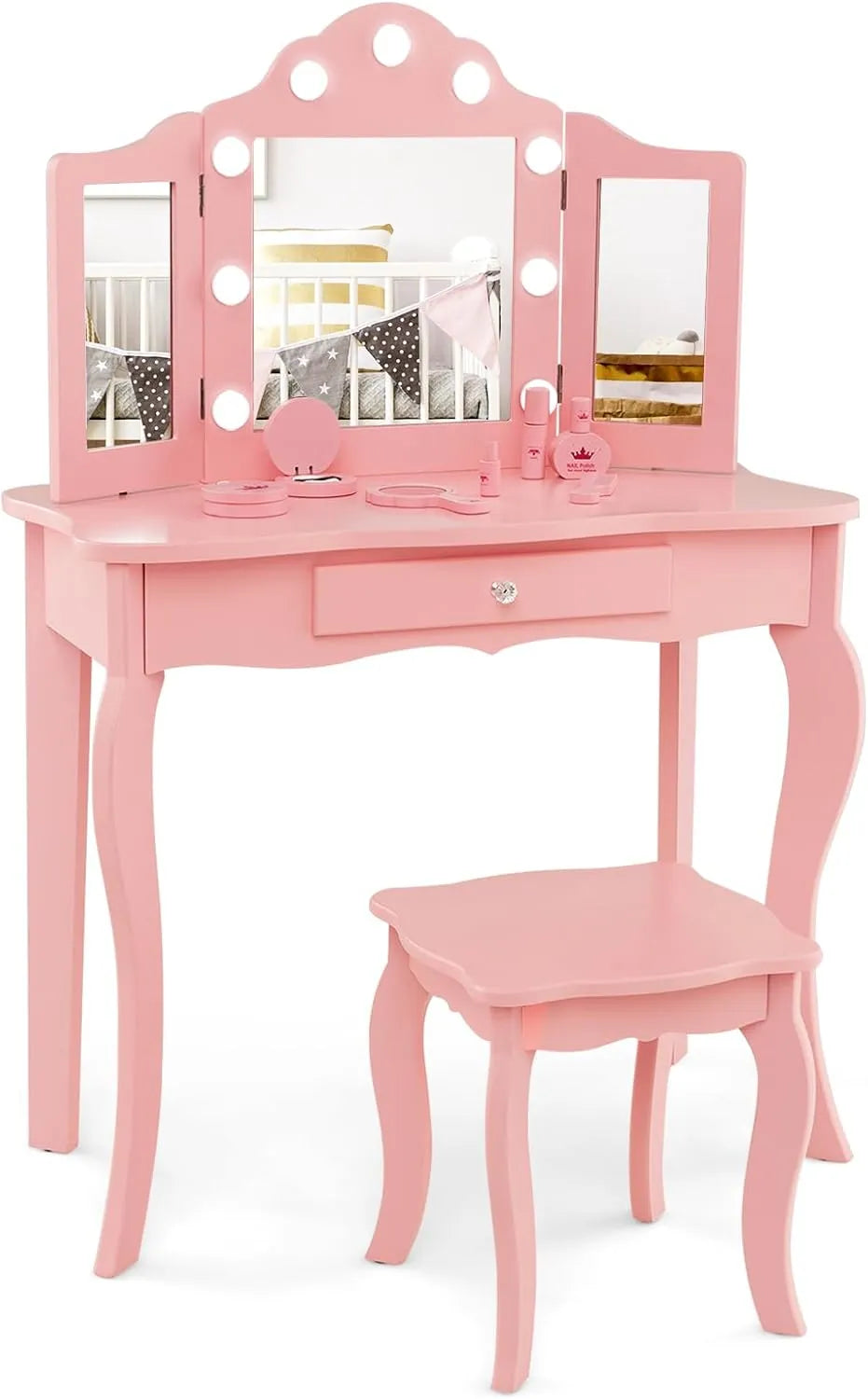 Coiffeuse Princesse Enfant avec LED et Miroir Amovible, Table de Maquillage avec Tabouret et Rangement, Pour Enfants 3 Ans+, Rose
