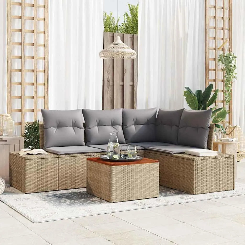 Set de mobilier de jardin en rotin avec coussins - 5 pièces - Beige - Pour terrasse, balcon et jardin