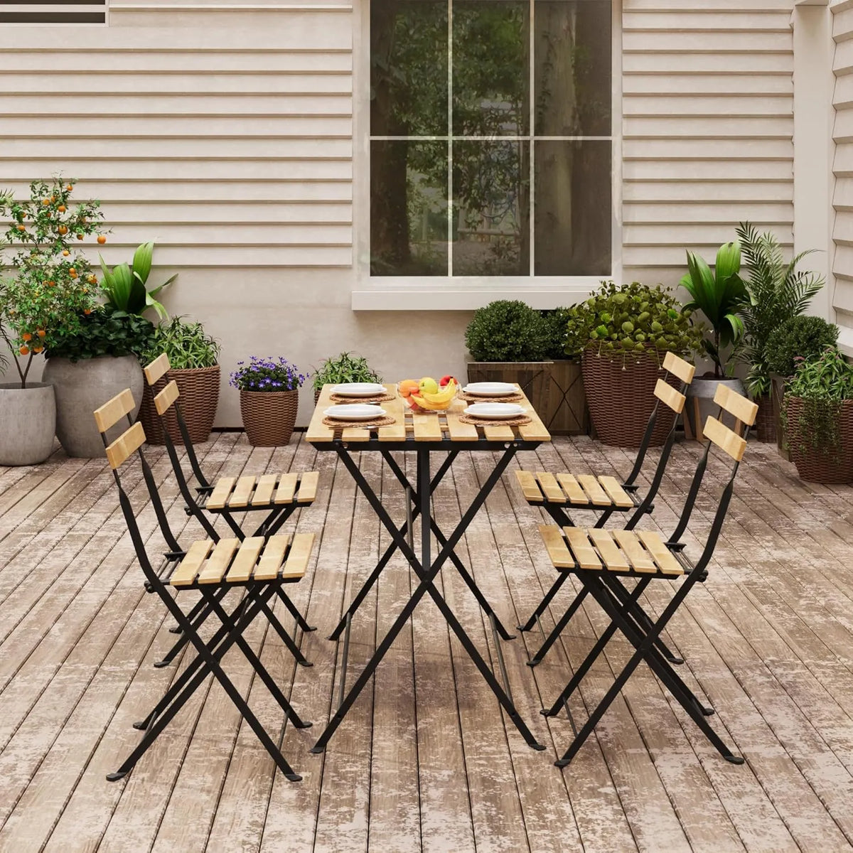 Ensemble de Jardin en Acier et Bois d'Acacia - Table et 4 Chaises Pliantes pour Terrasse, Balcon ou Patio