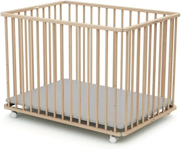 Parc Bébé en Bois Massif avec Roulettes et Freins, Pliable et Réglable, 15kg
