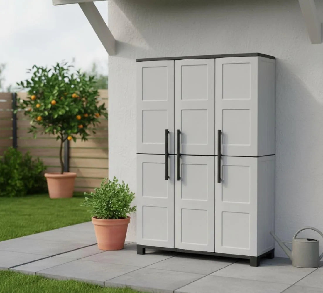 Armoire d'Extérieur Nandrin 3 Portes, Fabriquée en Italie, 102x37x169 cm, Gris Clair/Noir