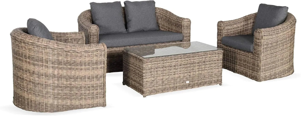 Ensemble de Jardin en Résine Tressée 4 Places - Valentino Naturel avec Coussins Anthracite