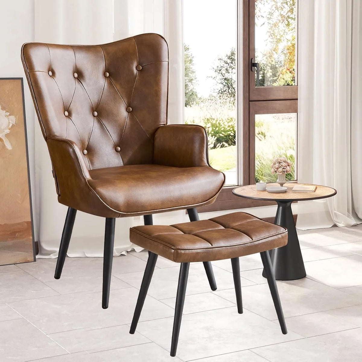 Fauteuil Relax Scandinave avec Repose-Pieds en Similicuir Marron