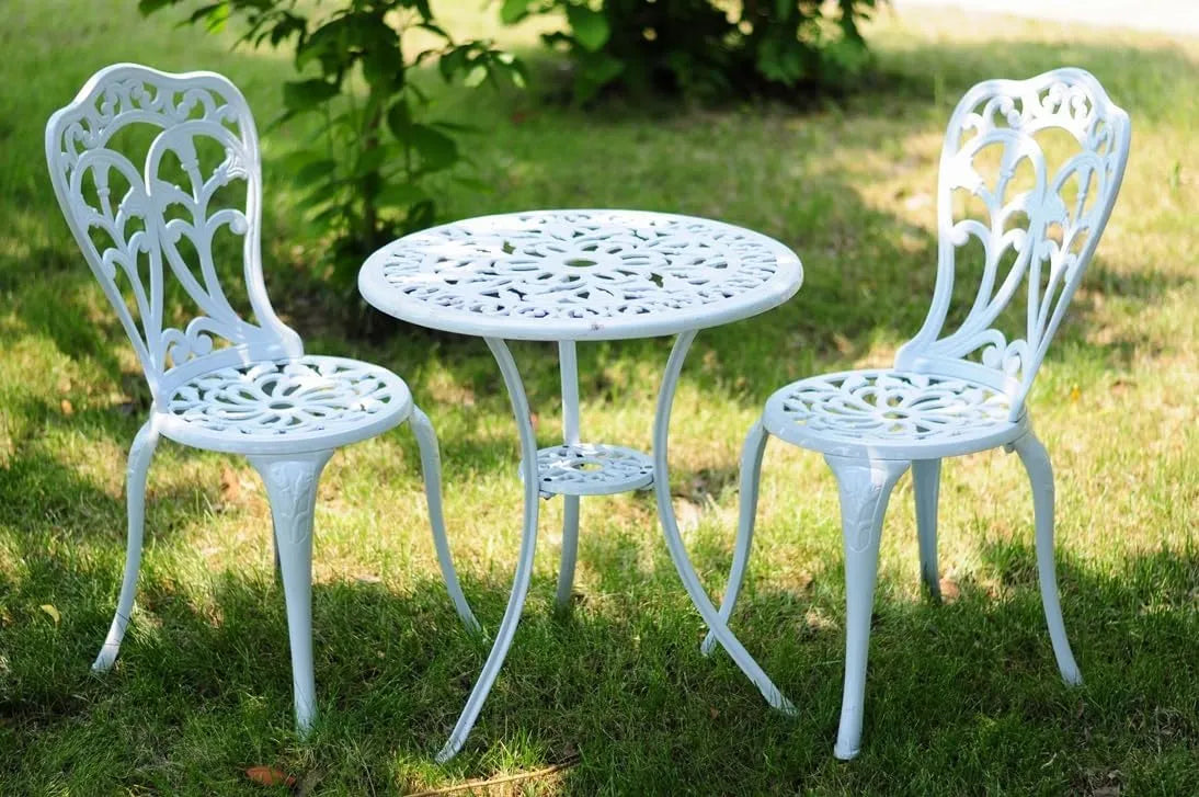 Salon de Jardin Tulipe en Aluminium Blanc | Table Ronde avec 2 Chaises | Résistant aux Intempéries