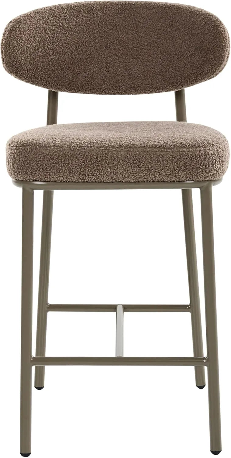 Ensemble de 2 Tabourets de Bar Rétro en Tissu Bouclé avec Pieds en Fer et Embouts Protection Taupe