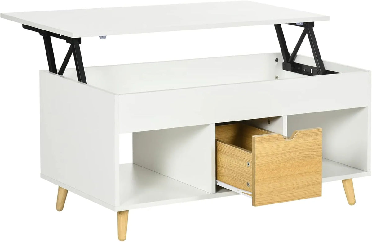 Table Basse Relevable avec Rangement Intégré et Tiroir, Design Moderne Bois Clair et Blanc, 100 x 50 x 49 cm