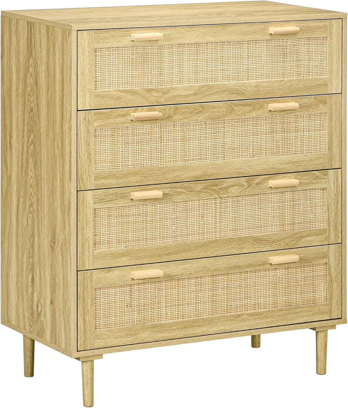 Commode Bohème en Chêne avec 4 Tiroirs et Façade en Résine Tressée, 90 x 45 x 108,5 cm
